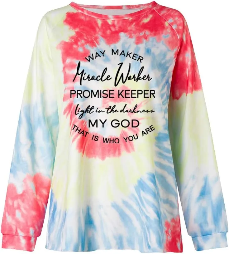 MUZHI Women's Casual Color Block Tie Dye Crewneck Faith Over Fear Long Sleeve Loose Pullover Sweatshirt Tops