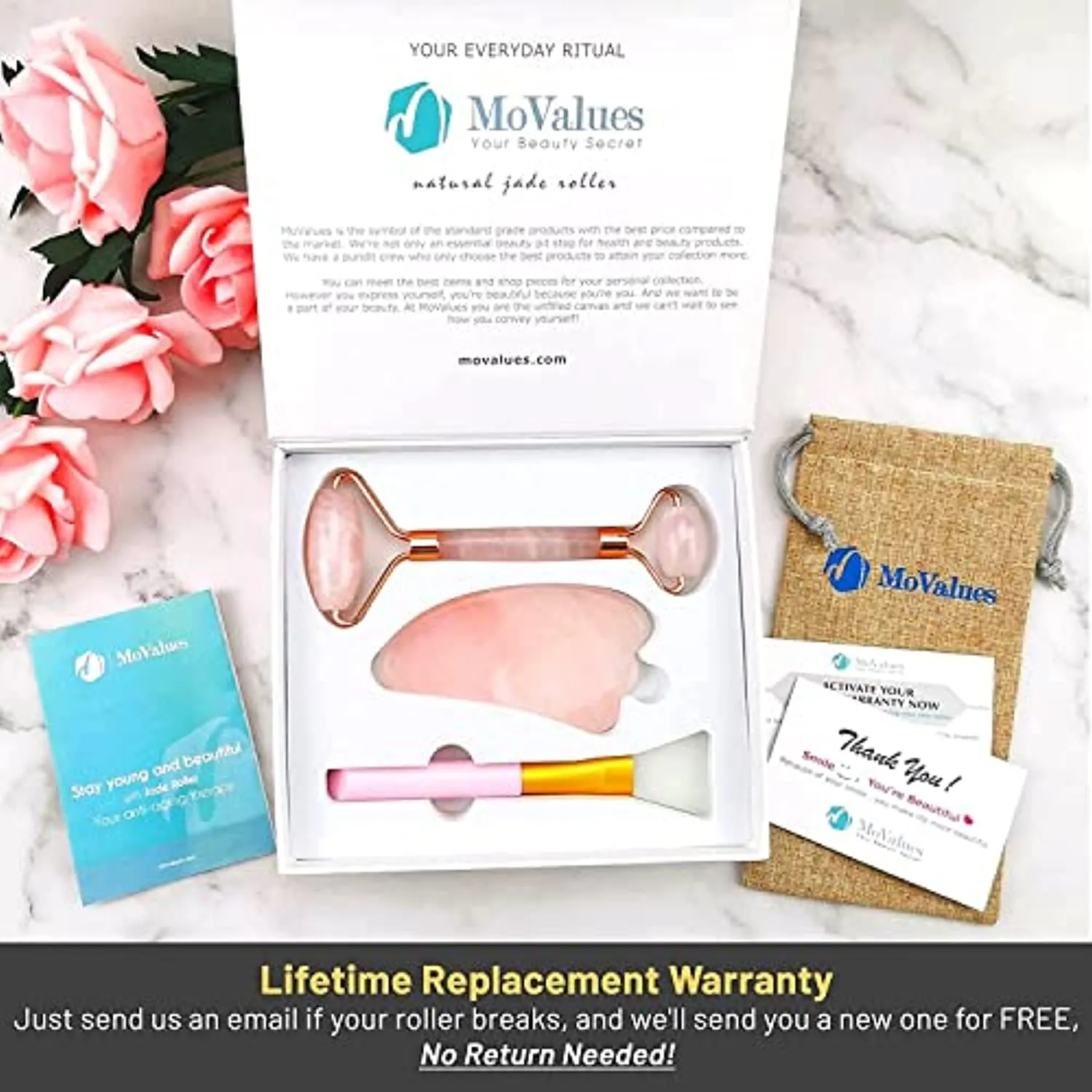 Original Jade Roller & Gua Sha Facial Tools, Jade Roller for Face - Face Roller, Natural Rose Quartz Roller - Face Massager, Facial Roller for Skin Care, Body, Eyes, Neck - Tones, Firms, Depuff
