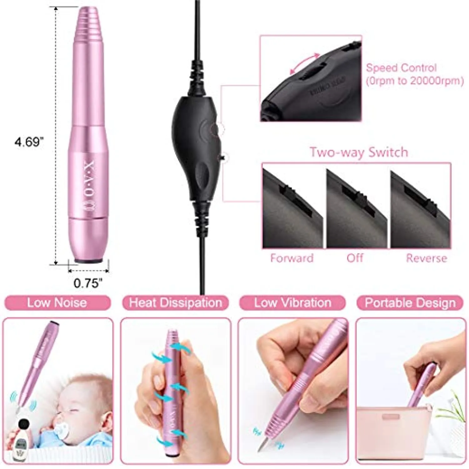 Portable Electric Nail Drill File Machine with Acrylic Nail Kit Set Professional 20000rpm Manicure Pedicure with Sanding Bands Brush for Nail Art Polygel Gel Nail Polish Tips Clippers