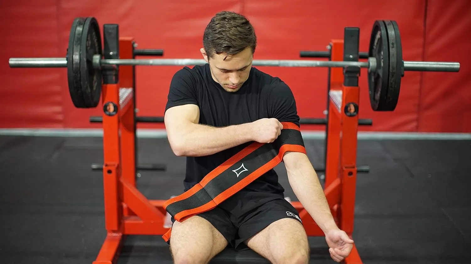 Sling Shot Mark Bell Push Up Exercise Assistance Workout Band for Men and Women to Assist with Bench Press, Dips, and Push Ups  (Level 1 Tension, Red/Black)