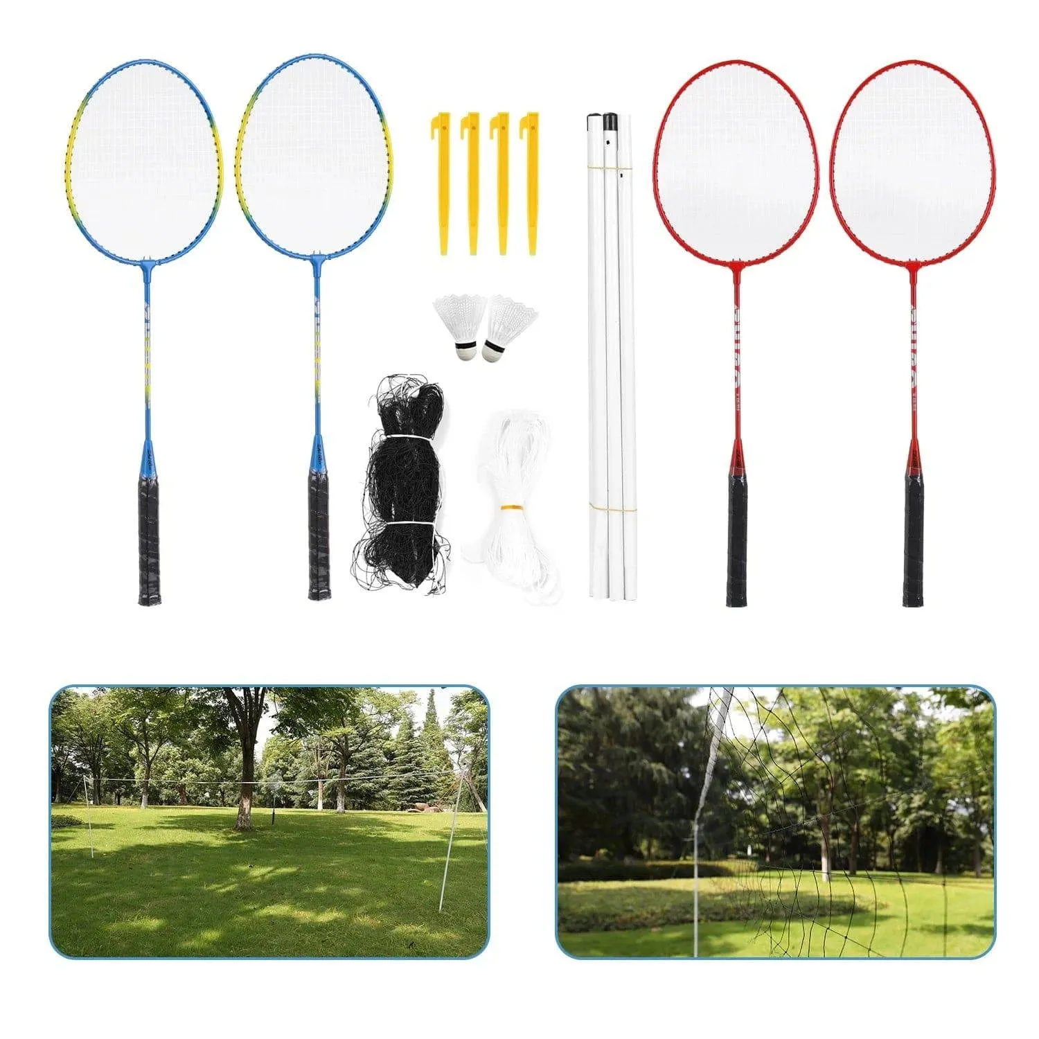 Sports Badminton Set  4 PCS Badminton Rackets 2 Shuttlecock Balls Birdies Net Adjustable Polls Beach Backyard Combo Set Games