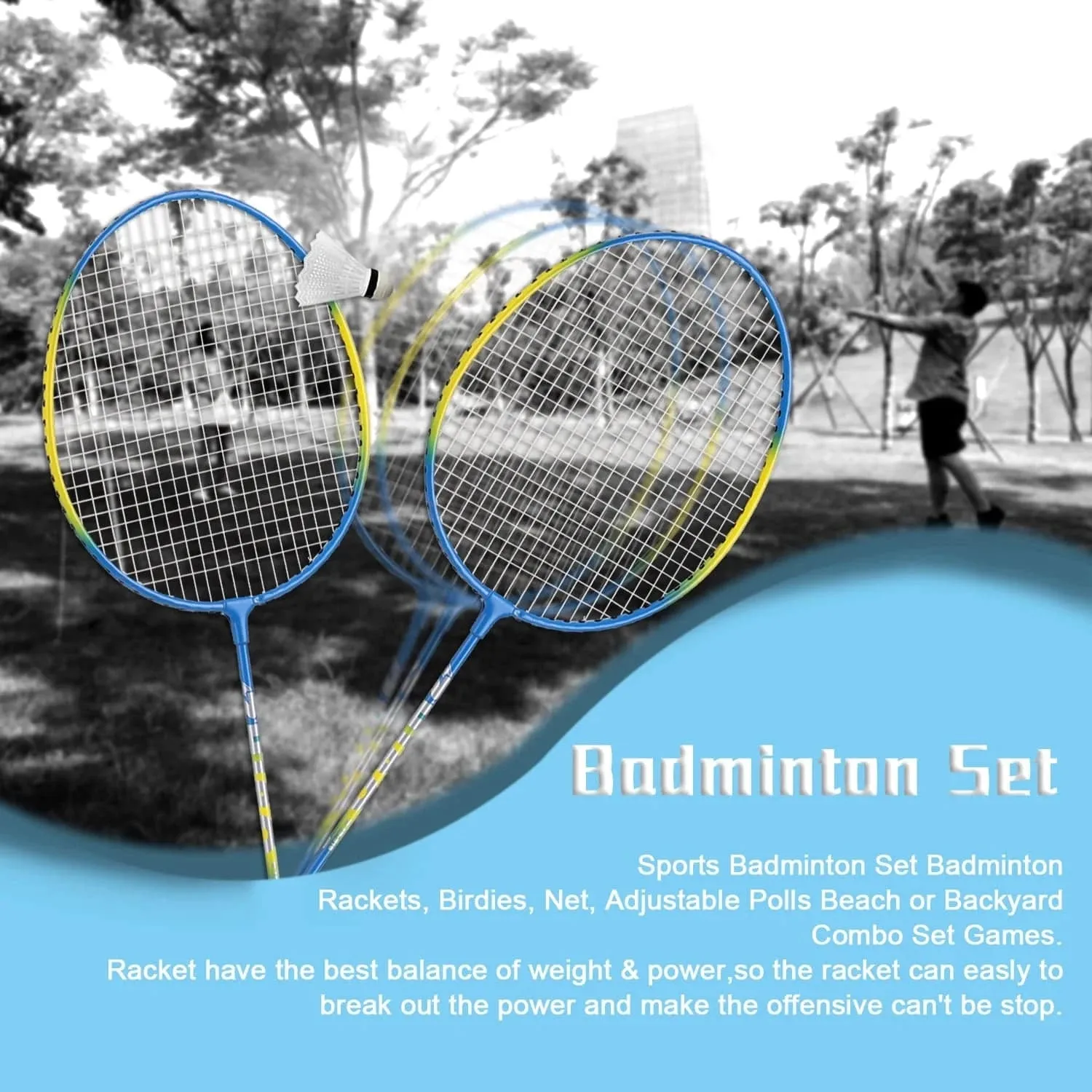 Sports Badminton Set  4 PCS Badminton Rackets 2 Shuttlecock Balls Birdies Net Adjustable Polls Beach Backyard Combo Set Games