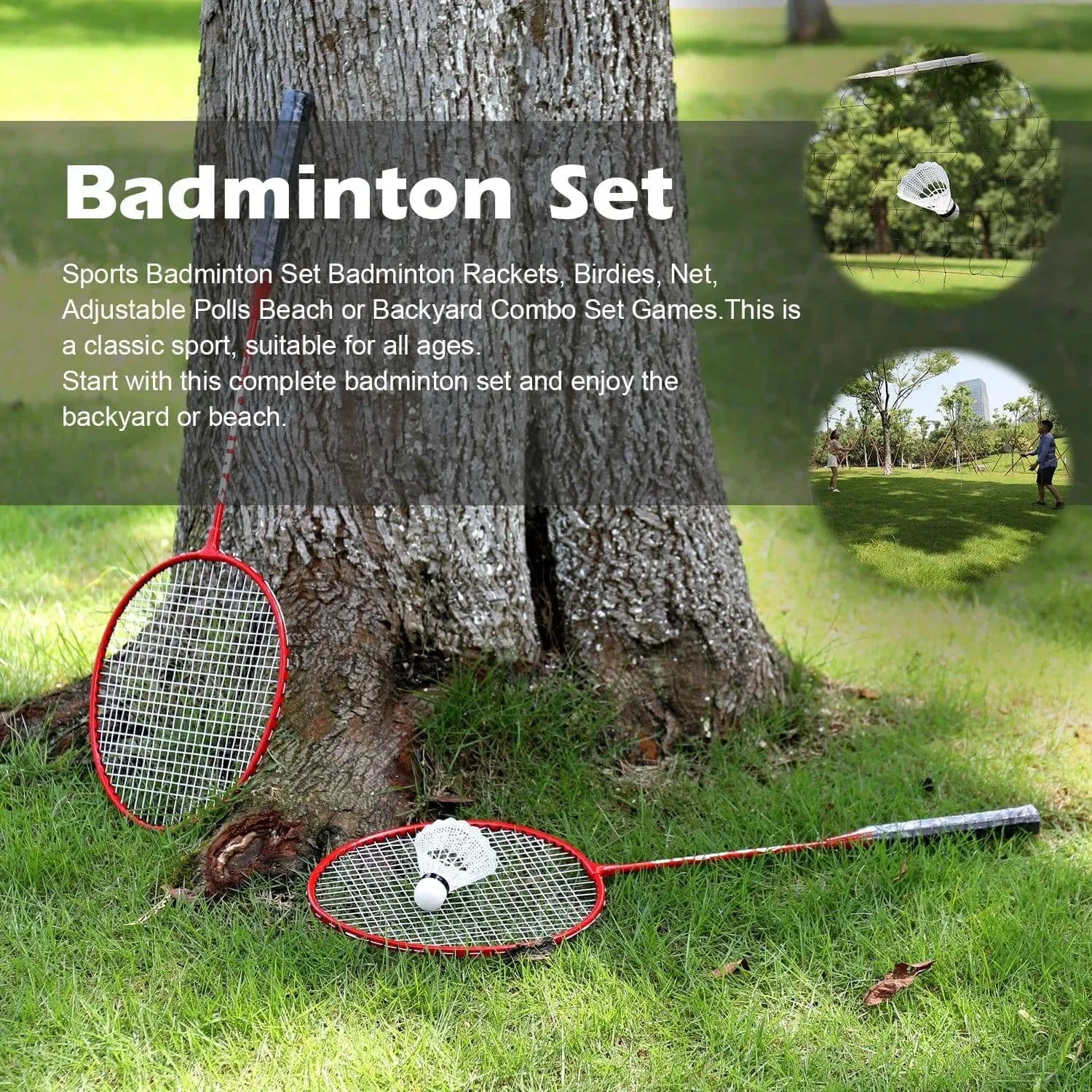 Sports Badminton Set  4 PCS Badminton Rackets 2 Shuttlecock Balls Birdies Net Adjustable Polls Beach Backyard Combo Set Games
