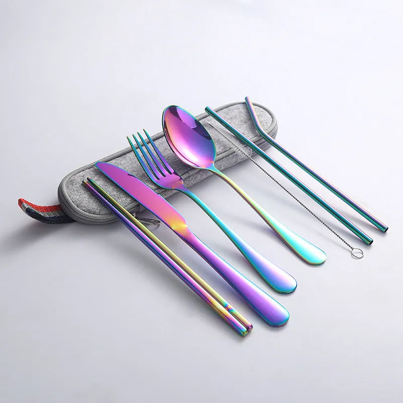 Stainless Steel Set Knife, Fork and Spoon Chopsticks Straw Portable Tableware 7-Piece Set