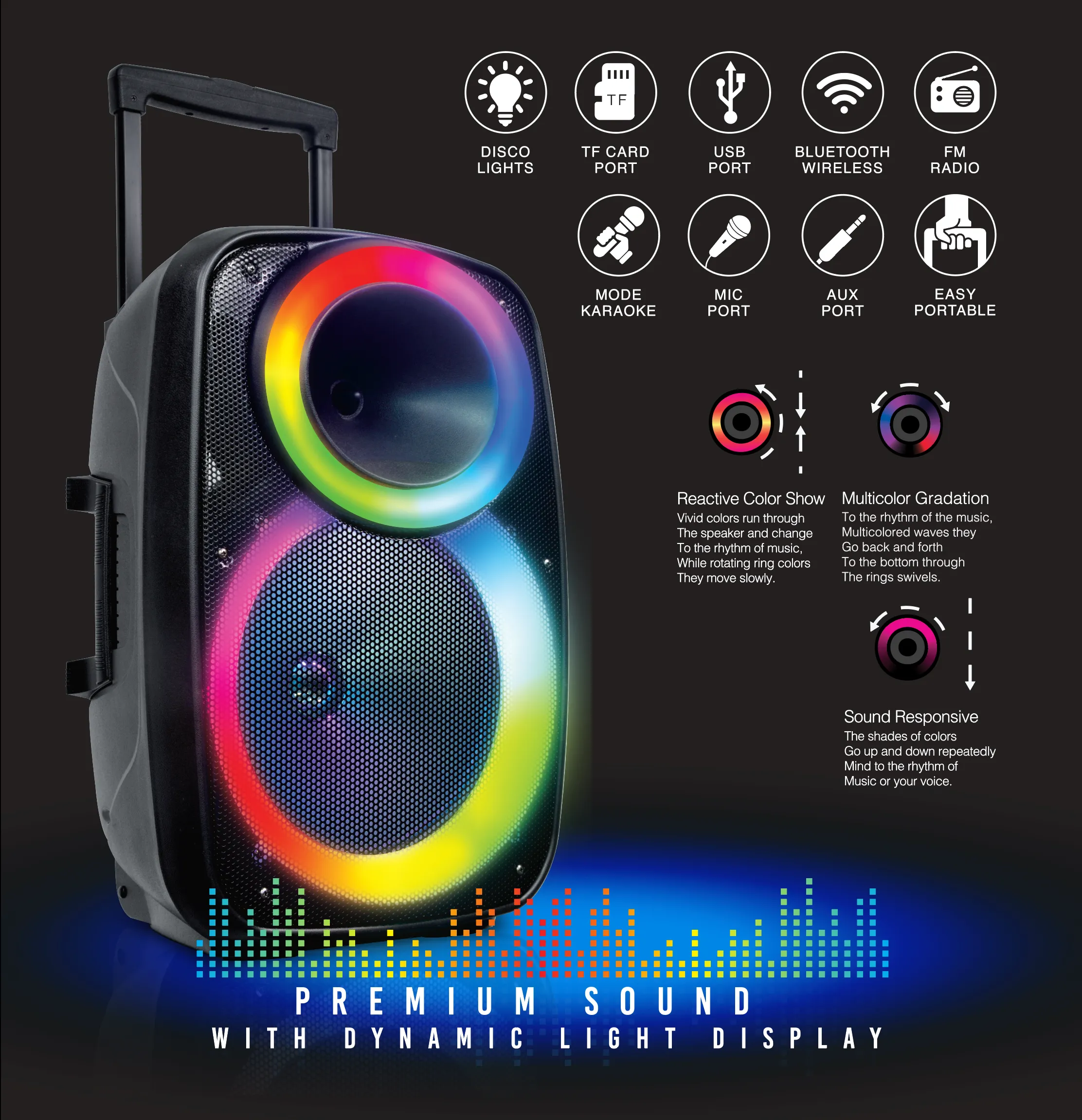 TOPTECH Star-15, 15" Portable Bluetooth Speaker with Flame Lights & 10,000 Watts Power