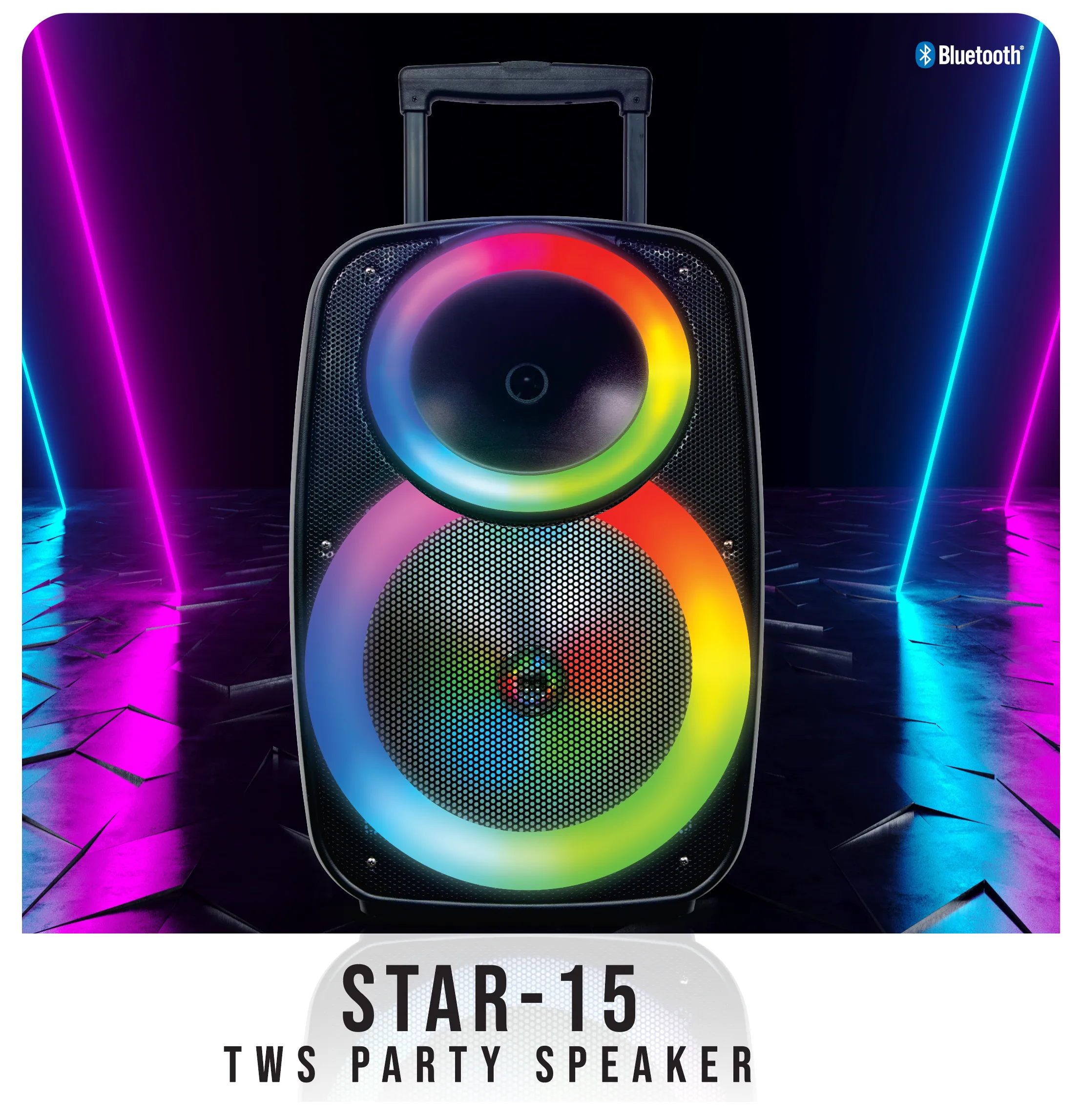 TOPTECH Star-15, 15" Portable Bluetooth Speaker with Flame Lights & 10,000 Watts Power