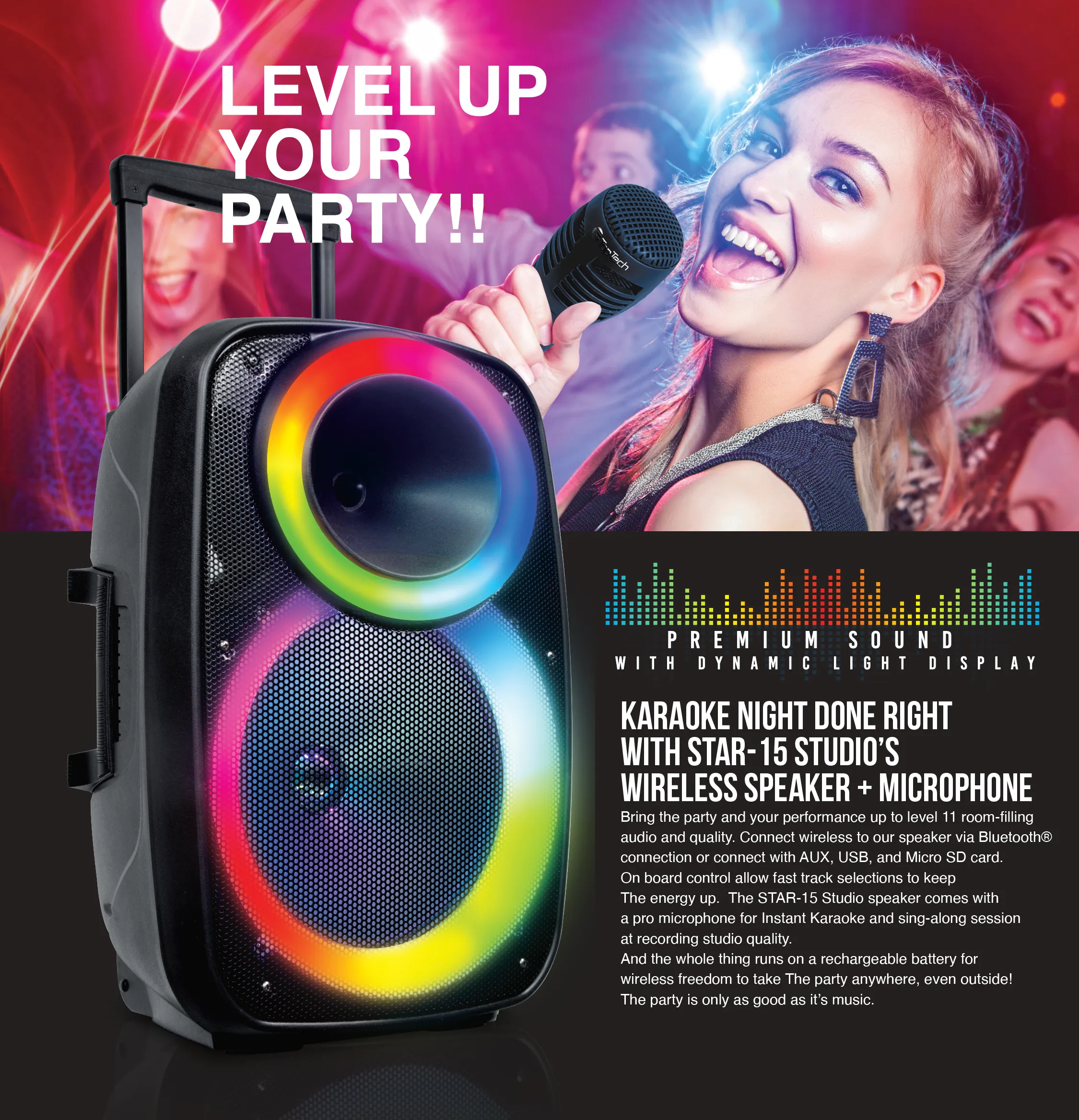 TOPTECH Star-15, 15" Portable Bluetooth Speaker with Flame Lights & 10,000 Watts Power