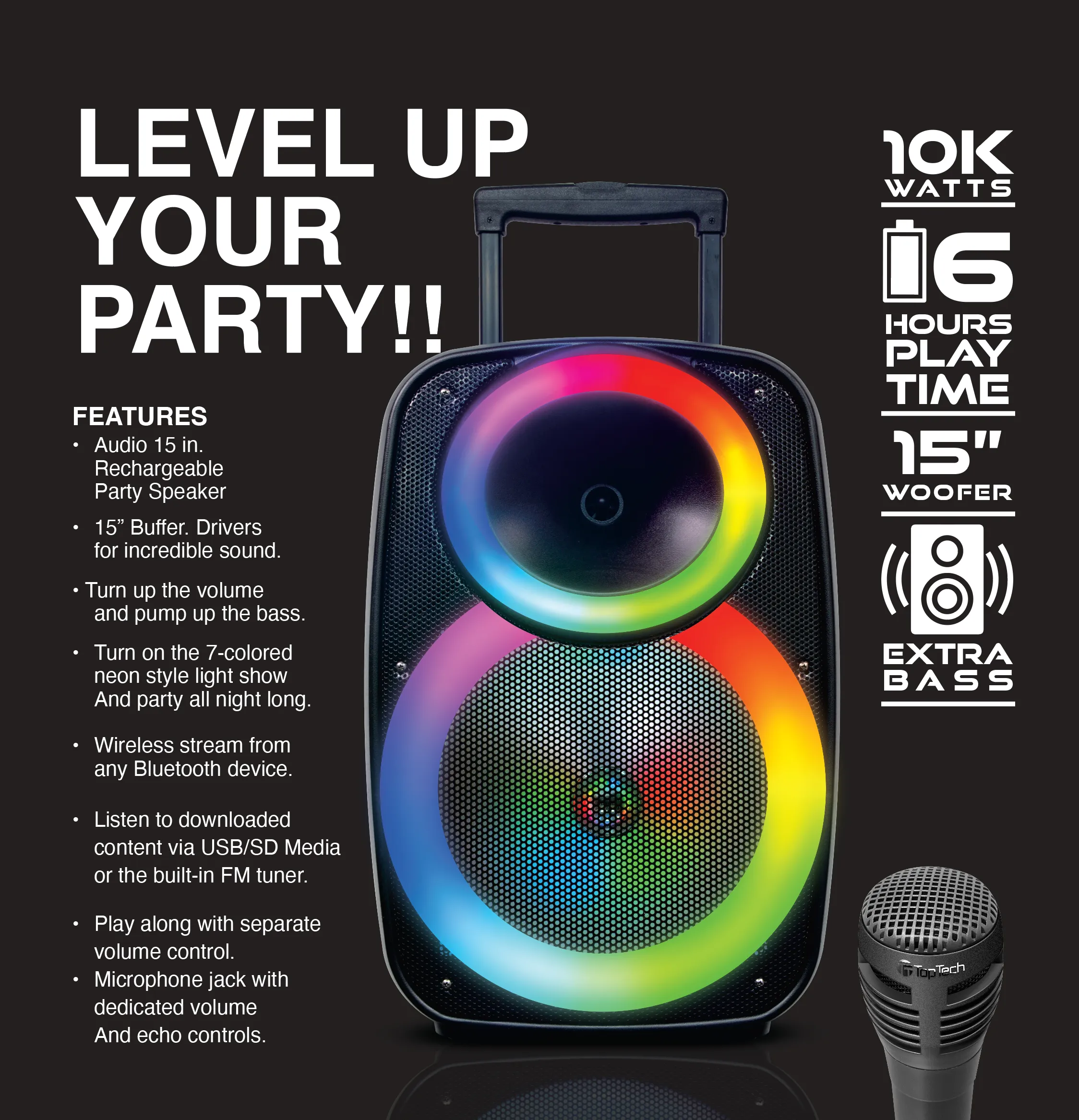TOPTECH Star-15, 15" Portable Bluetooth Speaker with Flame Lights & 10,000 Watts Power