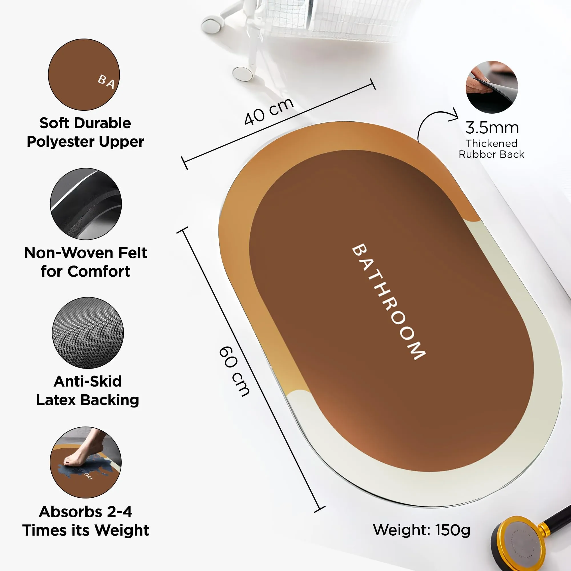 UMAI Polyester Non-Woven Felt Bathroom Mat(40 * 60cm) Bath Mat | Anti Skid Mat for Bathroom Floor | Bathroom Accessories | Bathroom Mats Water Soak | Non Slip Mat for Bathroom | Floor Mat (Brown)