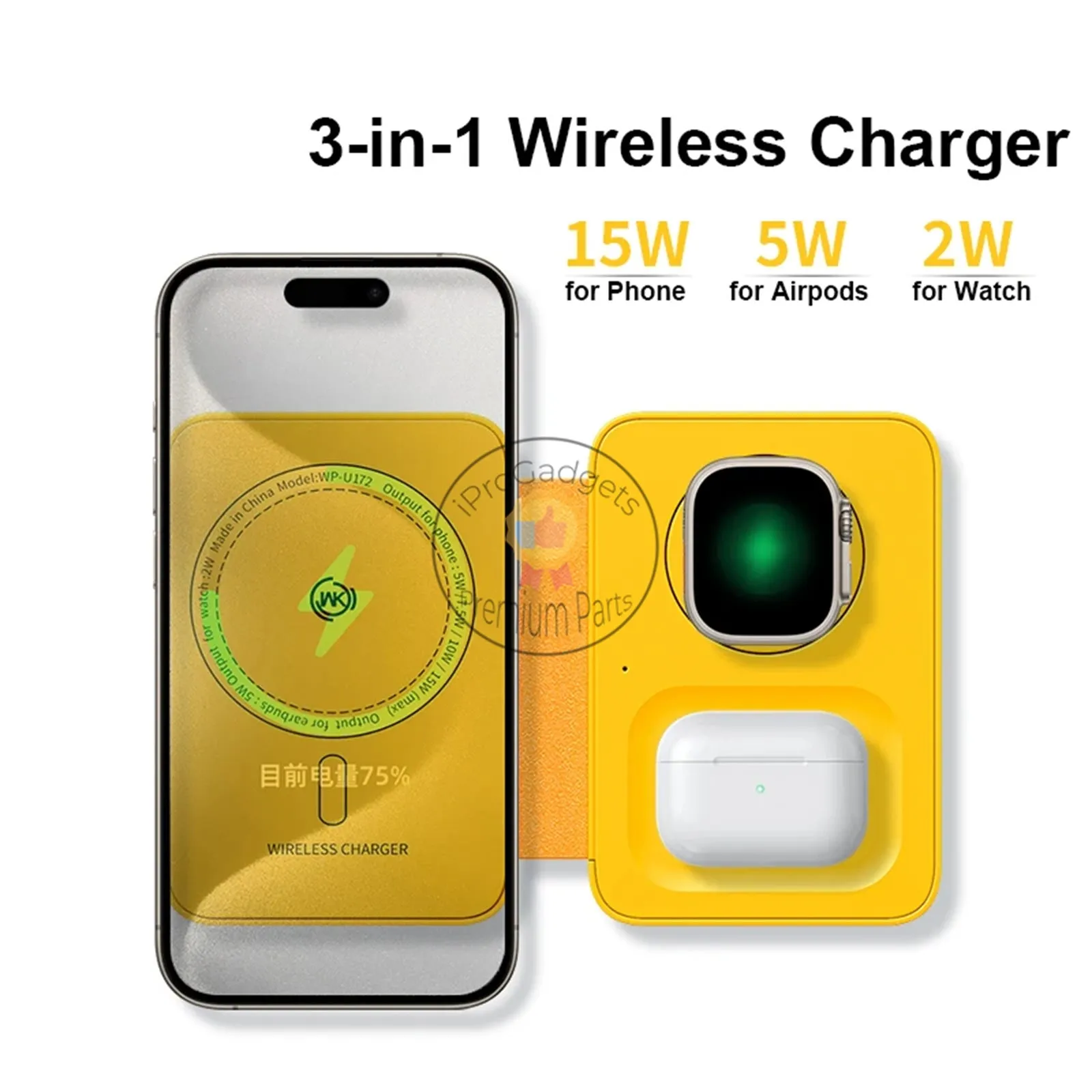 Wekome 3-in-1 Wireless Charger Magnetic Fast Charging Station with Mirror for iPhone 15 14 Pro Max Watch Airpods WP-U172