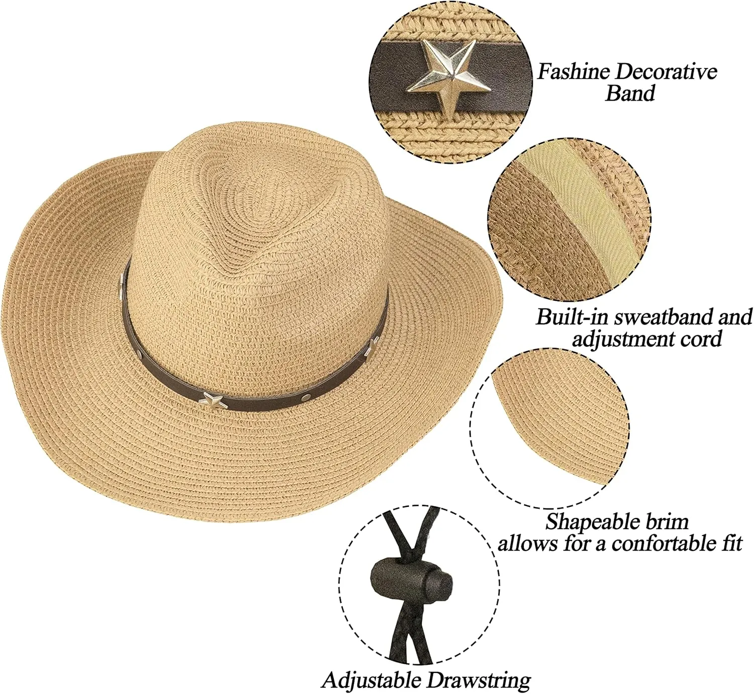 Womens Men Western Straw Cowboy Hat with Wind Lanyard Summer Hat Sun Hat Cowboy Style UPF 50 Beach Hat
