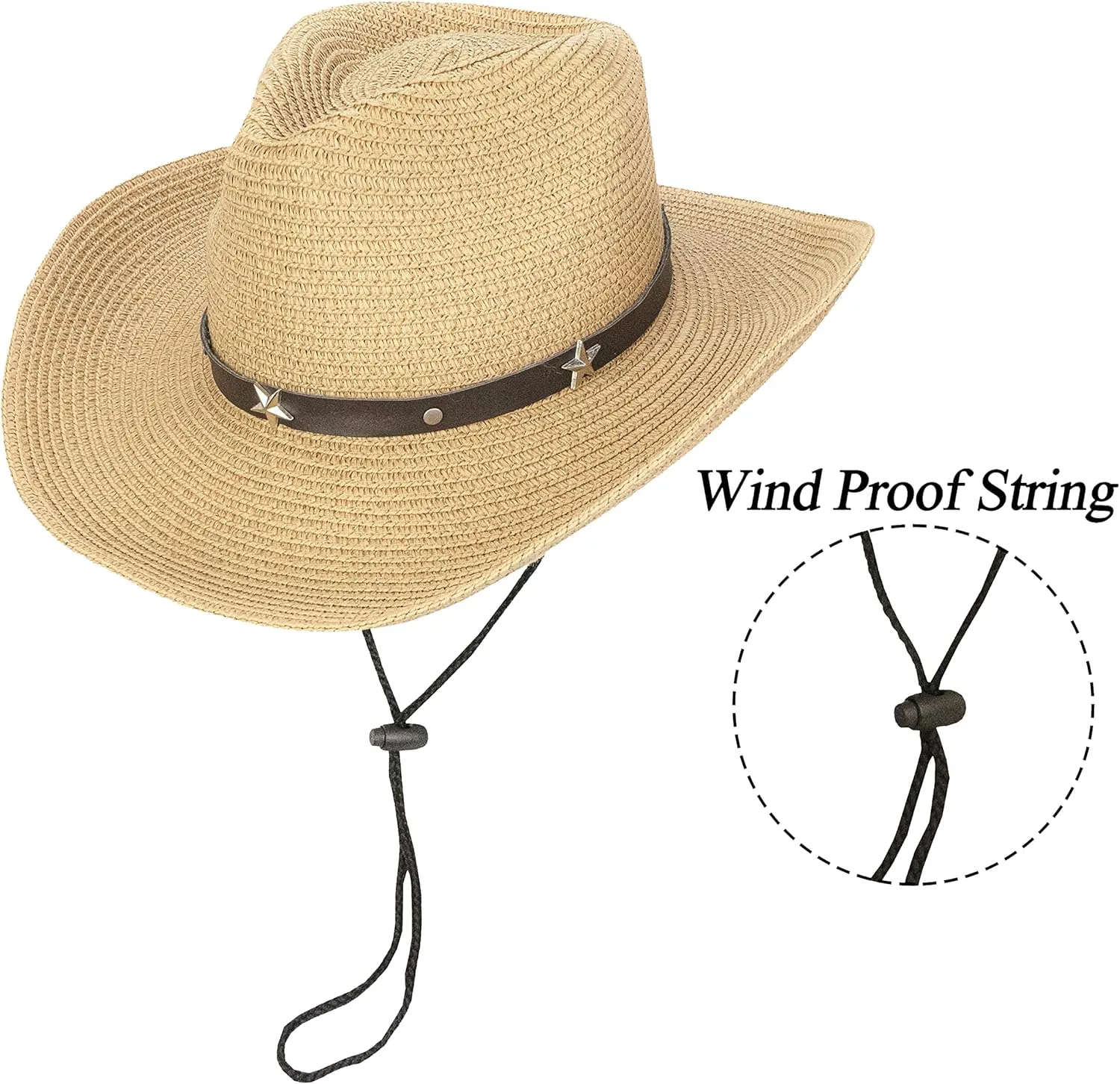 Womens Men Western Straw Cowboy Hat with Wind Lanyard Summer Hat Sun Hat Cowboy Style UPF 50  Beach Hat