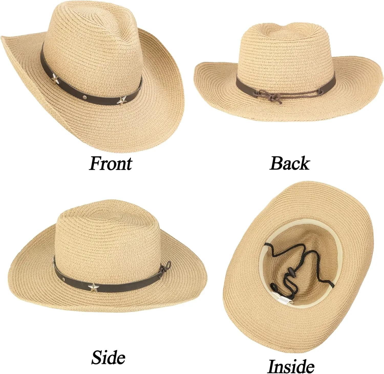 Womens Men Western Straw Cowboy Hat with Wind Lanyard Summer Hat Sun Hat Cowboy Style UPF 50 Beach Hat
