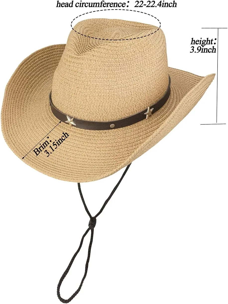 Womens Men Western Straw Cowboy Hat with Wind Lanyard Summer Hat Sun Hat Cowboy Style UPF 50 Beach Hat