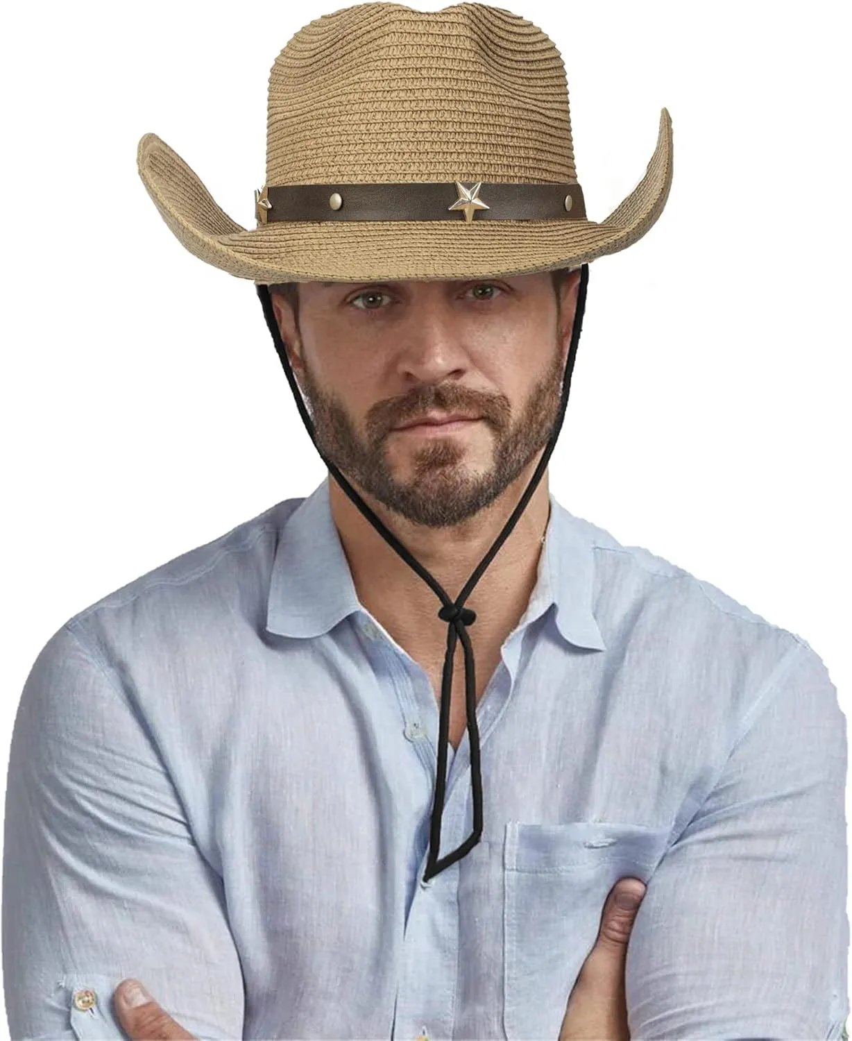 Womens Men Western Straw Cowboy Hat with Wind Lanyard Summer Hat Sun Hat Cowboy Style UPF 50 Beach Hat