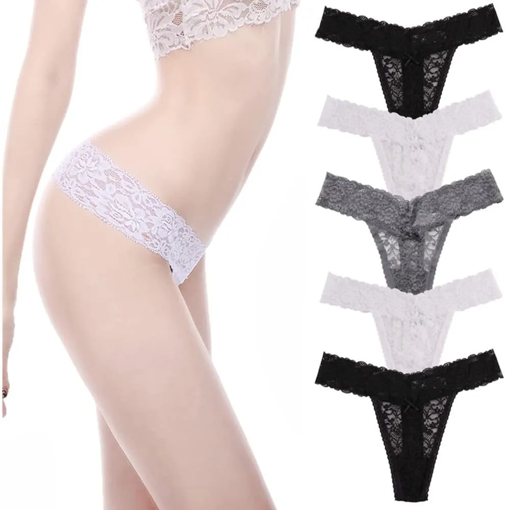 Women's Sexy Lace Thongs V Cheeky Underwear See Through Panties Pack of 5