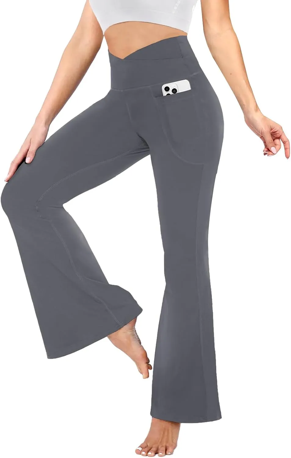 YOLIX Flare Leggings for Women with Pockets - Crossover High Waisted Black Flared Leggings for Yoga Gym Workout