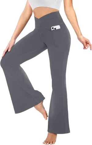 YOLIX Flare Leggings for Women with Pockets - Crossover High Waisted Black Flared Leggings for Yoga Gym Workout